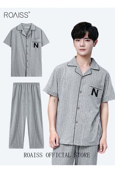 ROAISS 2-Piece Pajama Set Men's Cotton Short-Sleeved T-Shirt Long Pants Sets