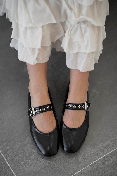Parponi Stone Women's Belt Detail Leather Ballerinas Black