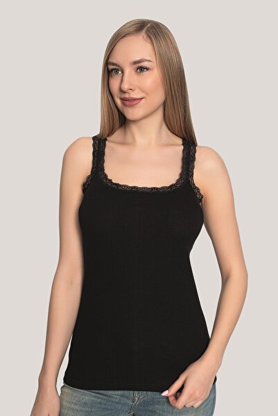 Arma Yıldız Women's Lace Strap Undershirt Black 3 Pack 100% Cotton Ribbed Stretchy