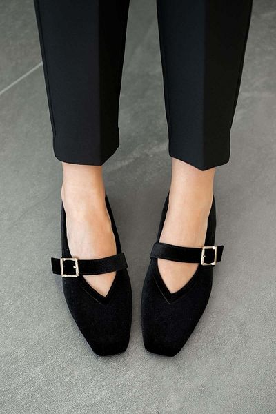 Parponi Nico Women's Square Toe Buckle Velvet Ballerinas Black