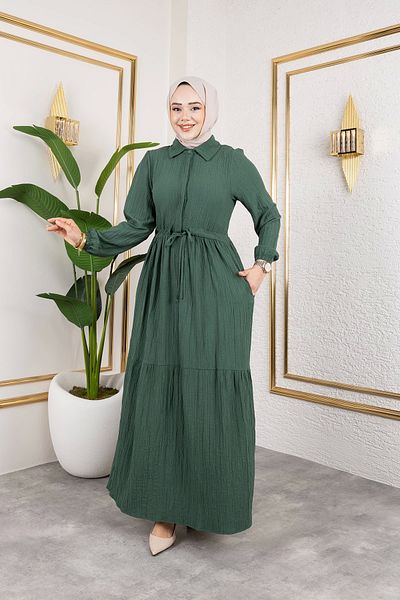 Nevayla Moda Lara υφασμάτινο γυναικείο φόρεμα με μισό κουμπί - Χακί / E0121