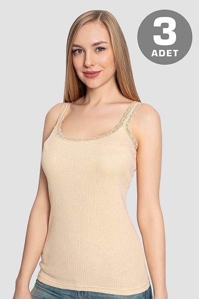 Arma Yıldız Women's Lace Strap Undershirt Skin Color 3 Pack 100% Cotton Ribbed Stretchy