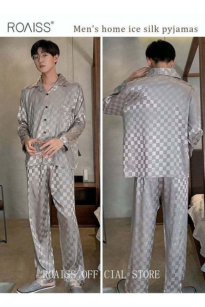 ROAISS 2-Piece Set Men's Long Sleeves Sleepwear Sets Satin Checked Printing