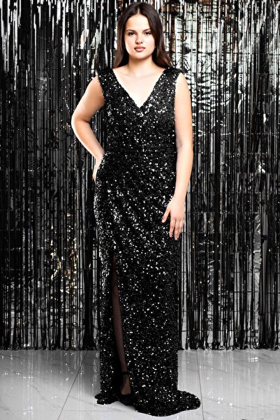 SUBU TASARIM Чорна сукня TBS372 з паєтками