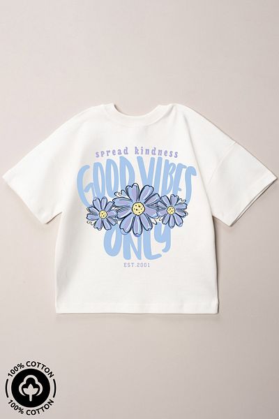 Miniel Girl's Crew Neck Good Vibes Only Printed 100% Cotton Oversize T-Shirt Baby-Child