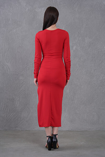 vuvutasarım New Season Stretchy Diver Fabric Double Breasted Collar Slit Long Sleeve Evening Dress 6031