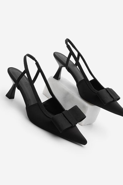 Marjin Women's Stiletto Pointed Toe Bow Detailed Slingback Heeled Shoes Togan Black Satin