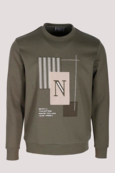NCS Erkek Sweatshirt Haki Relaxed Fit Double Face N Aplike Sargı Nakış Logo D...