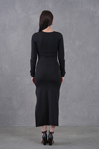 vuvutasarım Stretchy Diver Fabric Double Breasted Collar Slit Long Sleeve Evening Dress