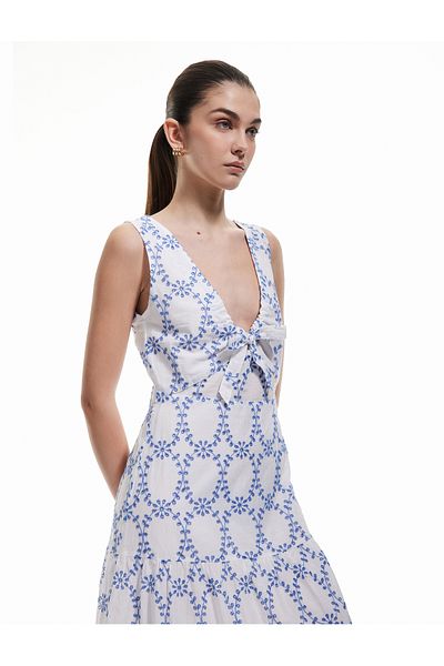 Koton Rochie din bumbac, cu decolteu în V, lungă, cu flori, broderie festonată