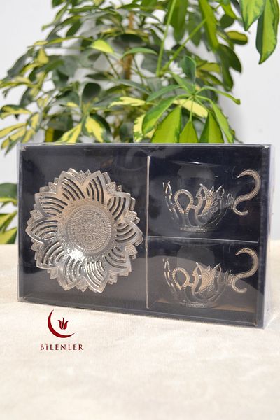 Bilenler Set of 2 Silver Patterned Zamzam Set and Coffee Cup Set |   Stylish Presentation with Metal Plate and Cup Coaster