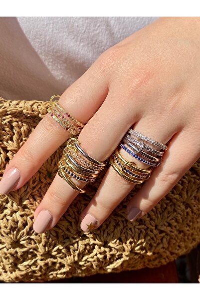 Vadısh store Altın Kaplama Zirkon Taşlı 3´lü Halka Spinelli Tasarım Yüzük