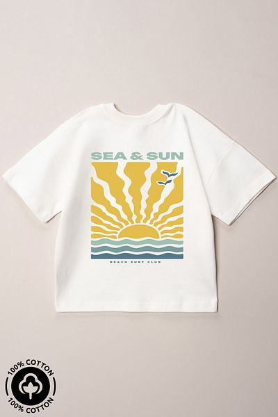 Miniel Unisex Crew Neck Sea Sun Printed 100% Cotton Oversize T-Shirt Baby-Child