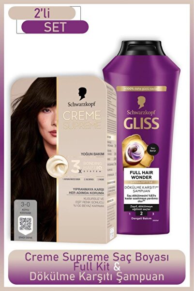 Schwarzkopf Creme Supreme Full Kit 3-0 Koyu Kestane + Gliss Full Hair Wonder ...