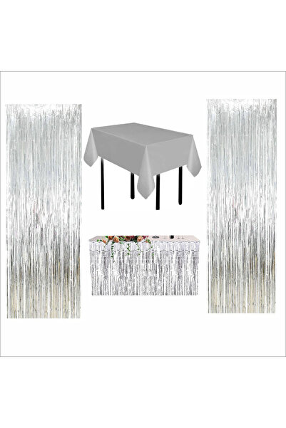 Genel Markalar GÜMÜŞ MASA ÖRTÜSÜ, GÜMÜŞ MASA ETEĞİ, 2 ADET GÜMÜŞ ARKA FON PERDE