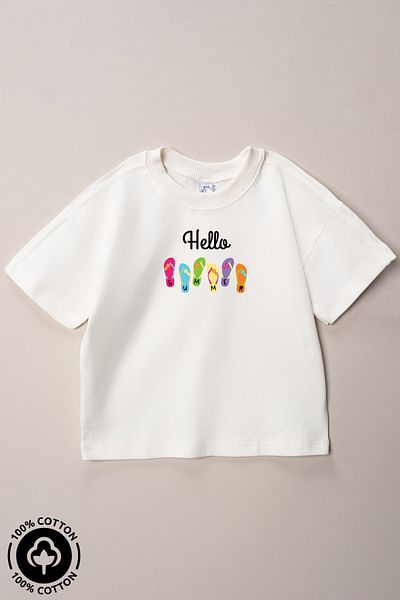 Miniel Girl's Crew Neck Hello Summer Printed 100% Cotton Oversize T-Shirt Baby-Child
