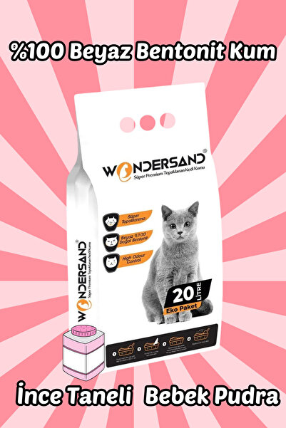 wondersand 20 Litre %100 Beyaz Bentonit Ince Tane Bebek Pudra Kokulu Topaklanan Premium Kedi Kumu