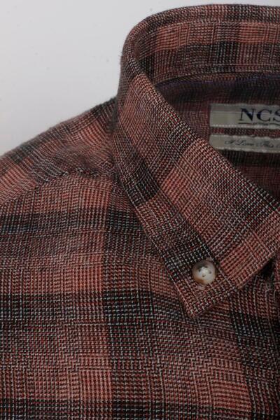 NCS Men's Shirt Long Sleeve Tile Plaid Checkered Flannel Wool Buttoned Slim Fit Button Collar Shirt Jeans 7