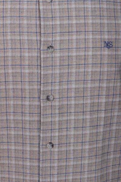 NCS Men's Shirt Beige Long Sleeve Plaid Checkered Flannel Wool Buttoned Slim Fit Button Collar Shirt Jeans 7270