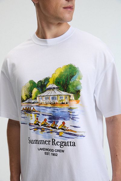GRIMELANGE Veyron Men's 100% Cotton Oversize Fit Printed Short Sleeve Round Neck White T-Shirt