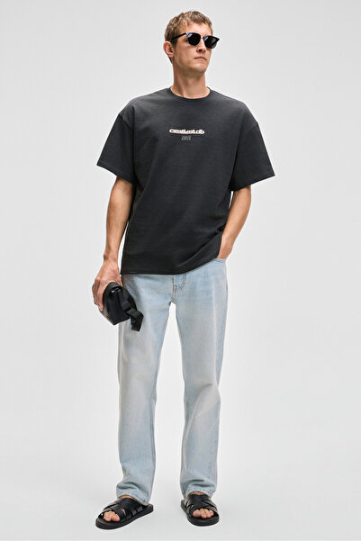 GRIMELANGE JON Erkek Bisiklet Yaka %100 Organik Pamuk Oversize Fit Antrasit T-Shirt