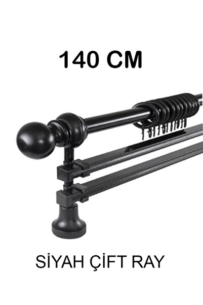 PERDE Mix 140 Cm Siyah Metal Borulu Ahşap Ayak Ve Başlıklı Çift Raylı Rustik ...