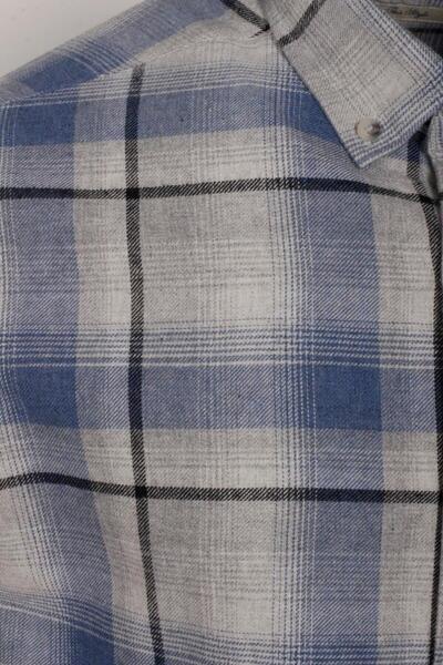 NCS Erkek Gömlek Mavi Uzun Kol Ekose Kareli Flanel Yün Tuşeli Slim Fit Düğmeli Yaka Shirt JEANS 7269