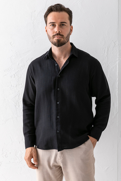 JB John Borners Мъжка риза без джобове от памучна смес, черна - 16701