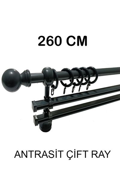 PERDE Mix 260 cm Anthracite Metal Pipe Double Rail Rustic Curtain Hanger with Wooden Legs and Headboard