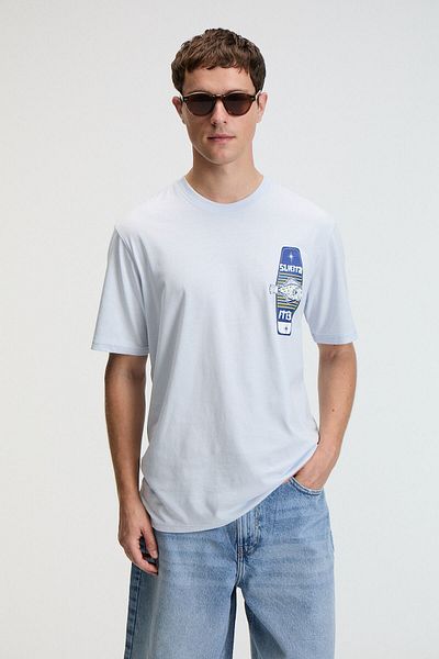GRIMELANGE Savor Men's Oversize 100% Cotton Printed Round Neck Blue T-Shirt