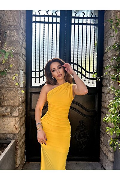 SHEYMA Tek Omuz Drapeli Kadın Midi Elbise