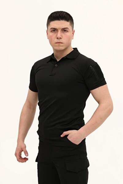 SINGLE SWORD Tactical Kısa Kollu Polo Yakalı Siyah Tşört
