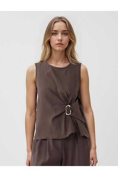 Jimmy Key Bitter Brown Round Neck Sleeveless Woven Blouse