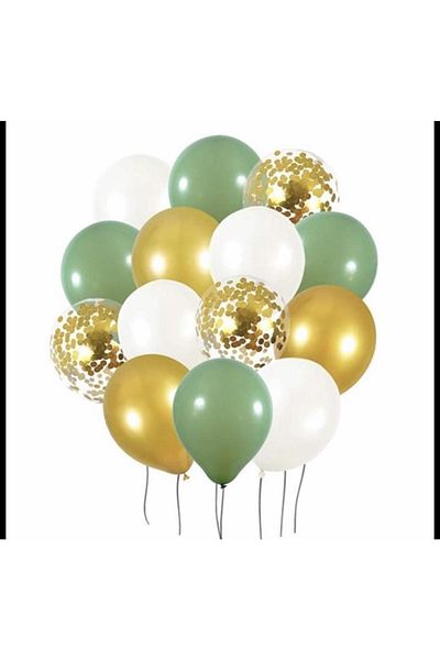 Deniz Party Store Retro Mold Green Metallic Gold White Transparent Balloon Set with Gold Confetti 20 Pieces