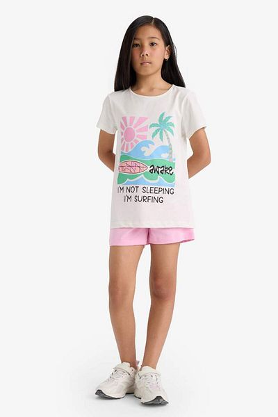 DeFacto Mädchen-Pyjama-Set, bedrucktes Kurzarm-Oberteil, elastische Shorts mit Taille E0665A825HS