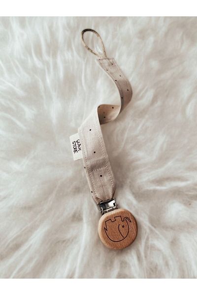 GOER STORE Natural Wooden Elephant Detailed Cappuccino Polka Dot 100% Cotton Fabric Baby Pacifier Strap