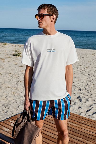 GRIMELANGE Copacabana Men's Front Back Cracking Print Detailed 100% Organic Cotton Oversize Short Sleeve White T-Shirt