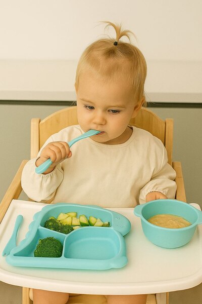 Lova Dinosaur Figured Baby Food Set - Compartmented Plate, Bowl, Spoon and Fork Set of 4