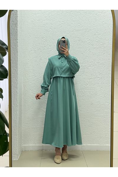 MİHRA STORE Vinoria Vestă cu talie elastică Rochie de mână cu nasturi-KN9899 Mint