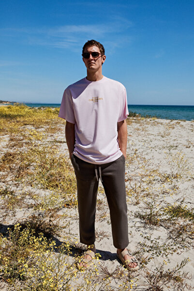 GRIMELANGE Ανδρικό μπλουζάκι Copacabana με μπροστινή πίσω πλάγια εκτύπωση με λεπτομέρεια 100% οργανικό βαμβάκι με κοντό μανίκι ροζ μπλουζάκι