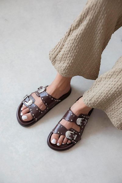 STRASWANS Gavi Γυναικεία Drop Detail Daily Comfort Δερμάτινες Παντόφλες Καφέ
