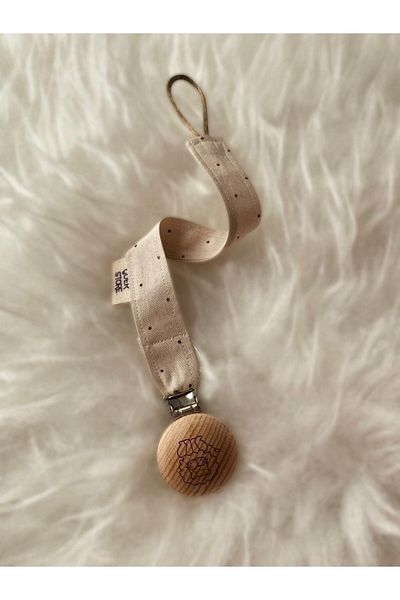 GOER STORE Natural Wooden Lion Detailed Cappuccino Polka Dot Cotton Fabric Baby Pacifier Strap