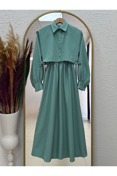 MİHRA STORE Vinoria Vestă cu talie elastică Rochie de mână cu nasturi-KN9899 Mint