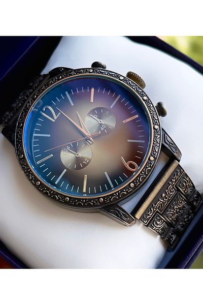 Weluxa Motif Detailed Copper Color Antique Case Steel Band Men's Wristwatch