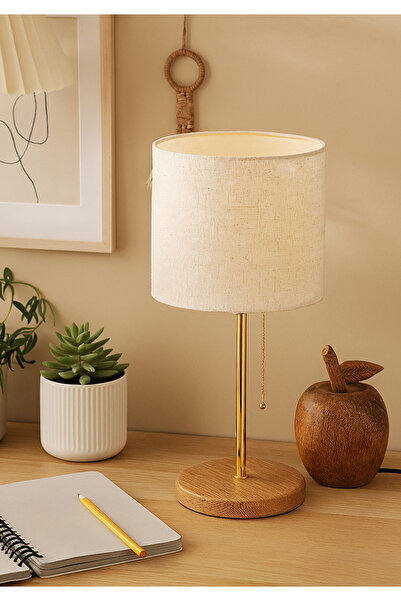 HOMİNG Sera Kumaş Başlıklı Ahşap Ayaklı Abajur-zincirden Açma Kapamalı-ayd-2783