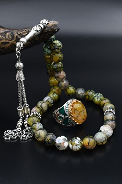 Prestige Doğal Damarlı Akik Taşlı Tesbih Seti Ve 925 Ayar Gümüş Erkek Yüzüğü ...