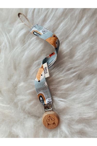 GOER STORE Natural Wooden Fox Detailed Mint Green 100% Cotton Fabric Baby Pacifier Strap