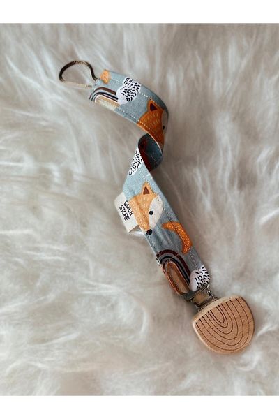 GOER STORE Natural Wooden Rainbow Detailed Mint Green Fox 100% Cotton Fabric Baby Pacifier Strap
