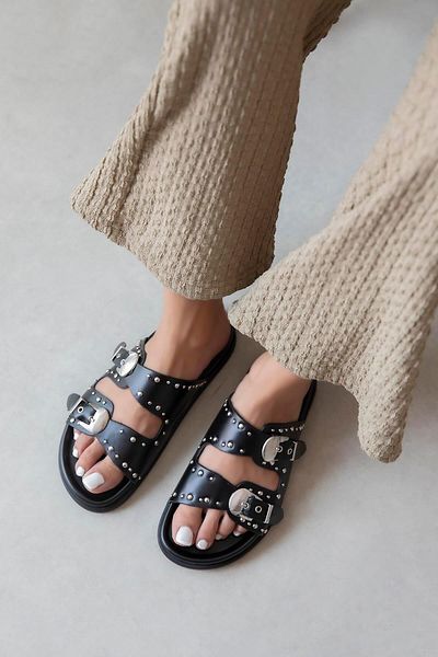 STRASWANS Gavi Women's Drop Detail Daily Comfort Leather Slippers Black