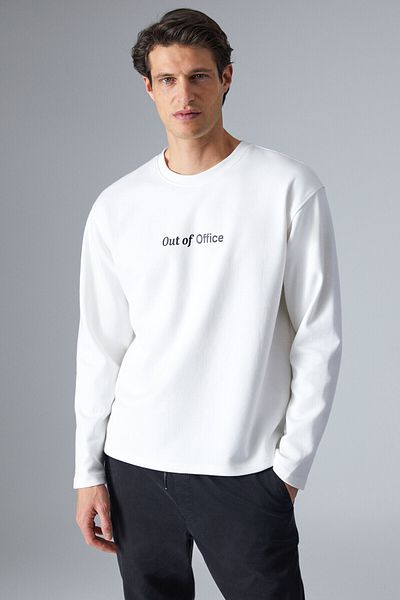 GRIMELANGE Outoffice Men's Boxing Detailed Comfort Fit Crew Neck Ecru T-Shirt